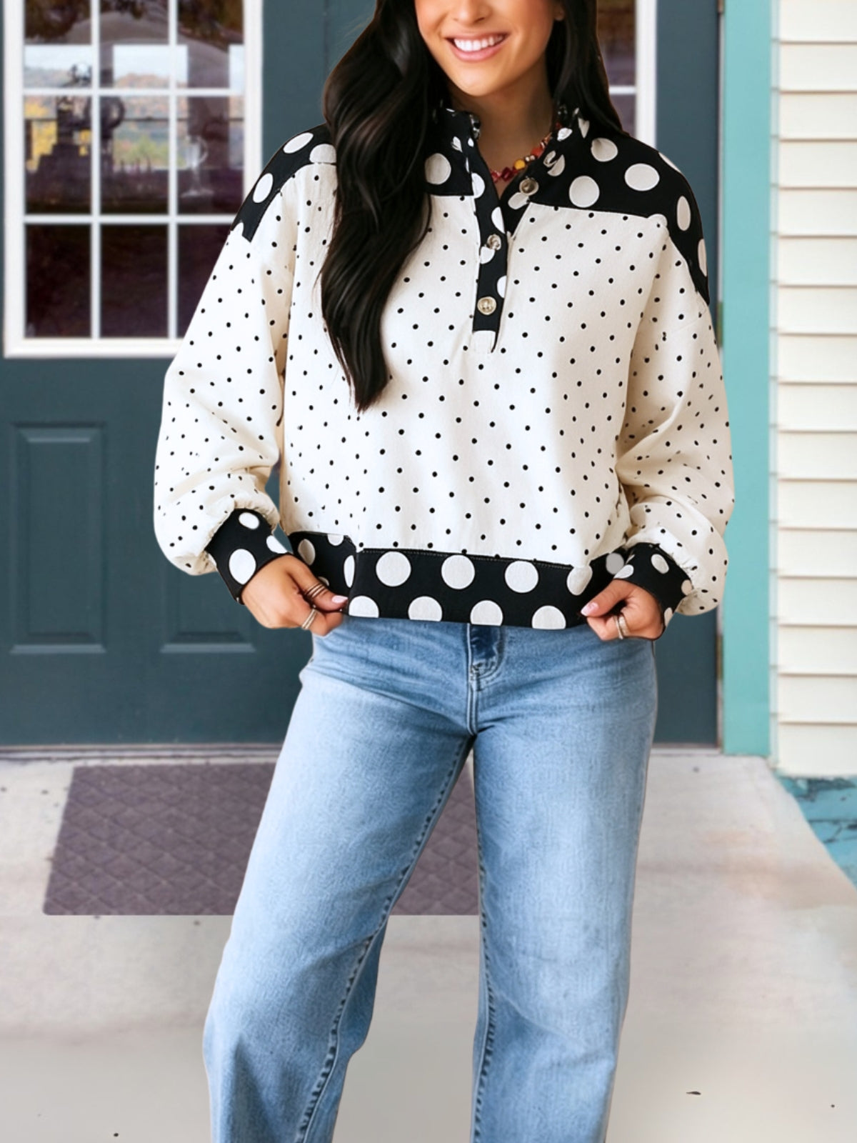 Polka-Dot Patchwork Long-Sleeve Top