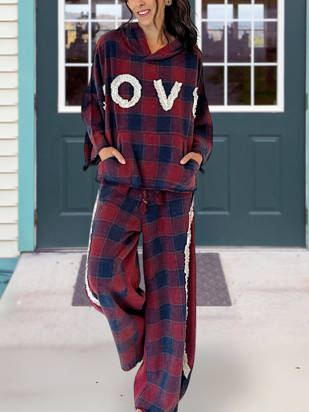 Lace Appliqué Plaid Pants