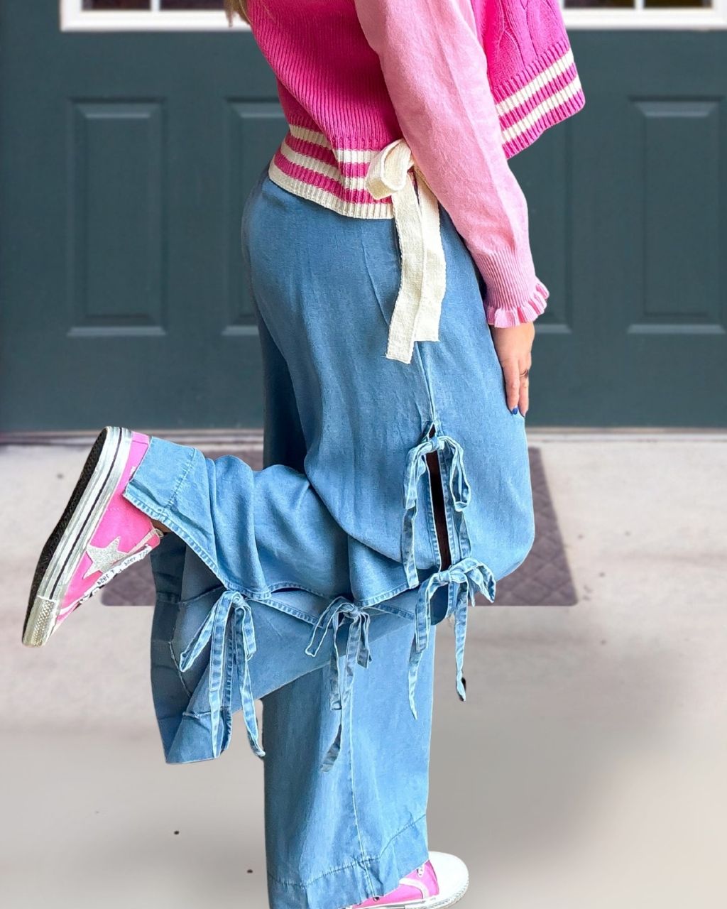 Bow-Tie Trim Denim Pants