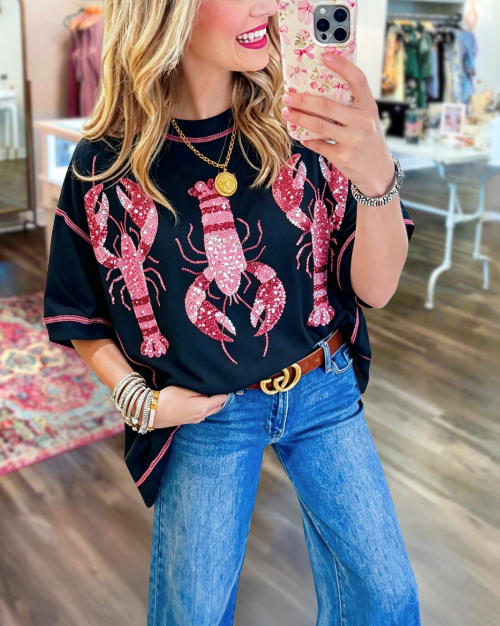 Lobster Sequined Contrast Stitching Top