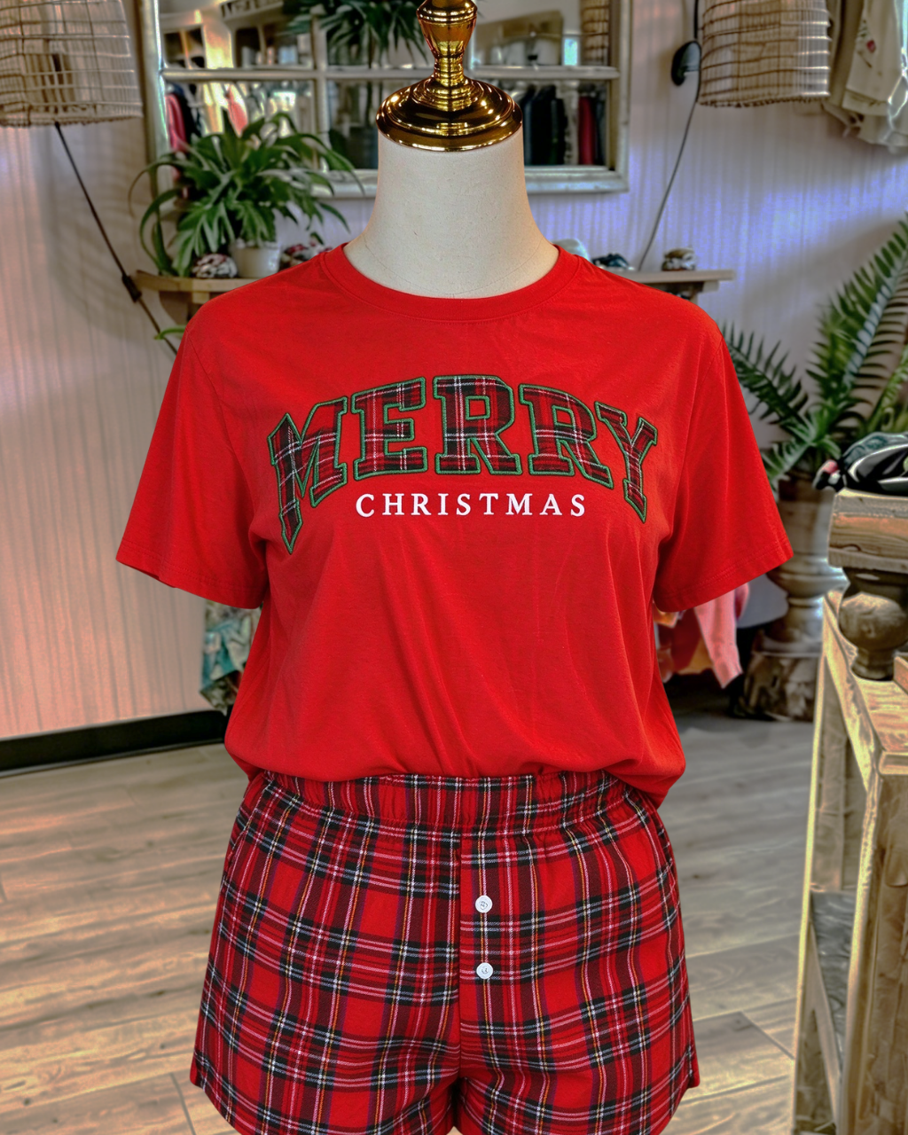 Merry Christmas Plaid Embroidered T-Shirt
