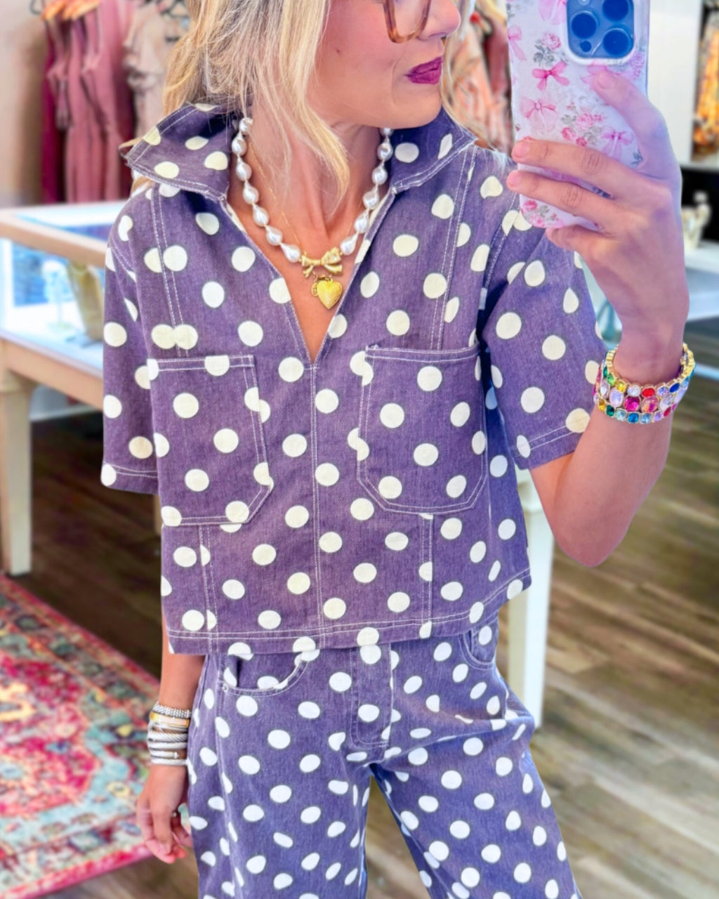 Polka Dot Washed Denim Collared Top