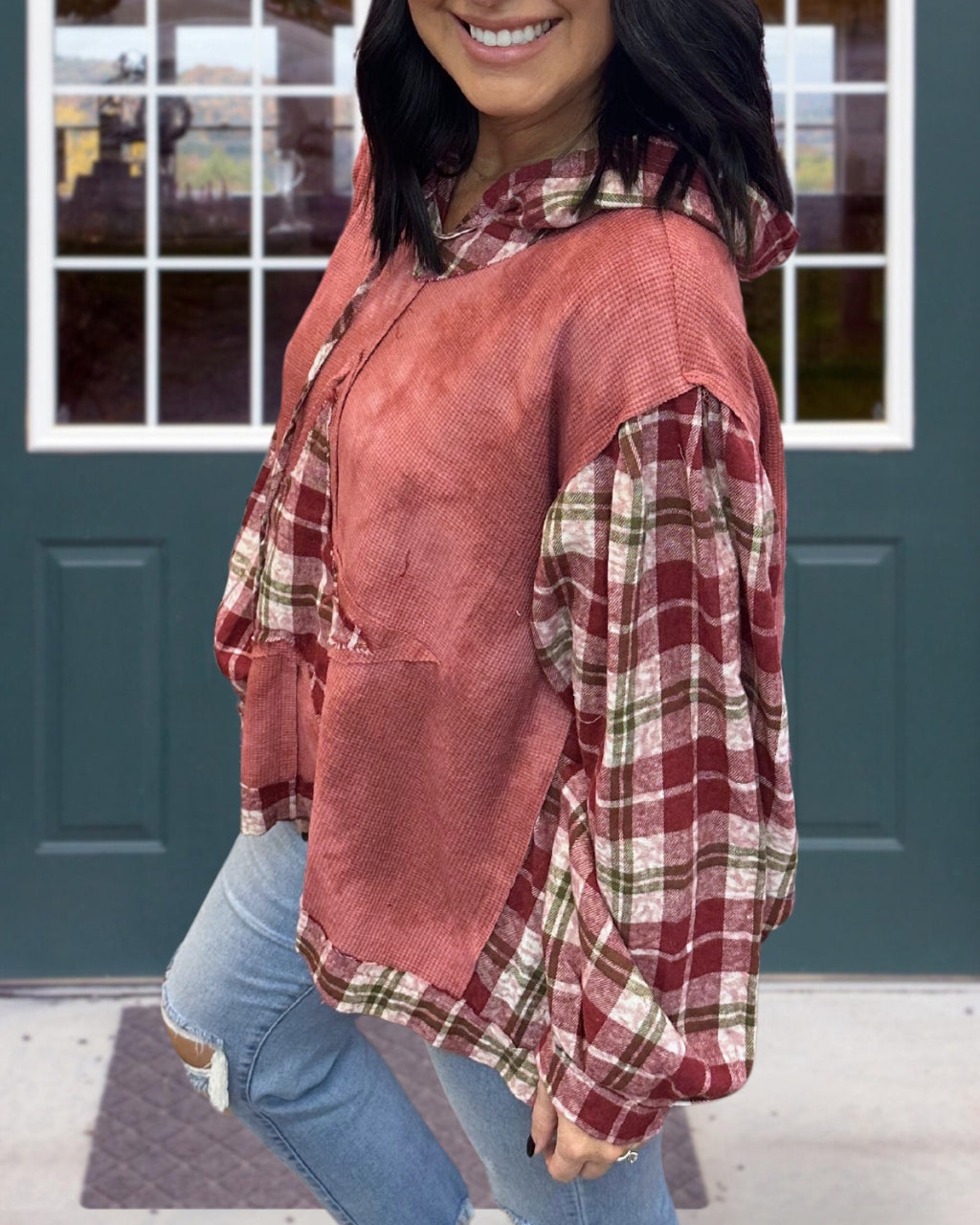 Plaid Star Patch Waffle Hoodie