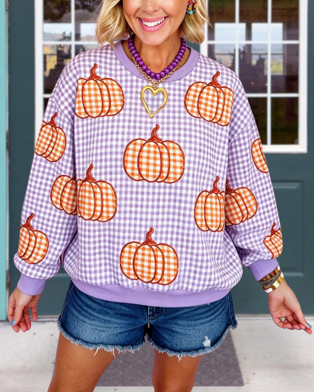 Casual Sequins Plaid Pumpkin Pullover