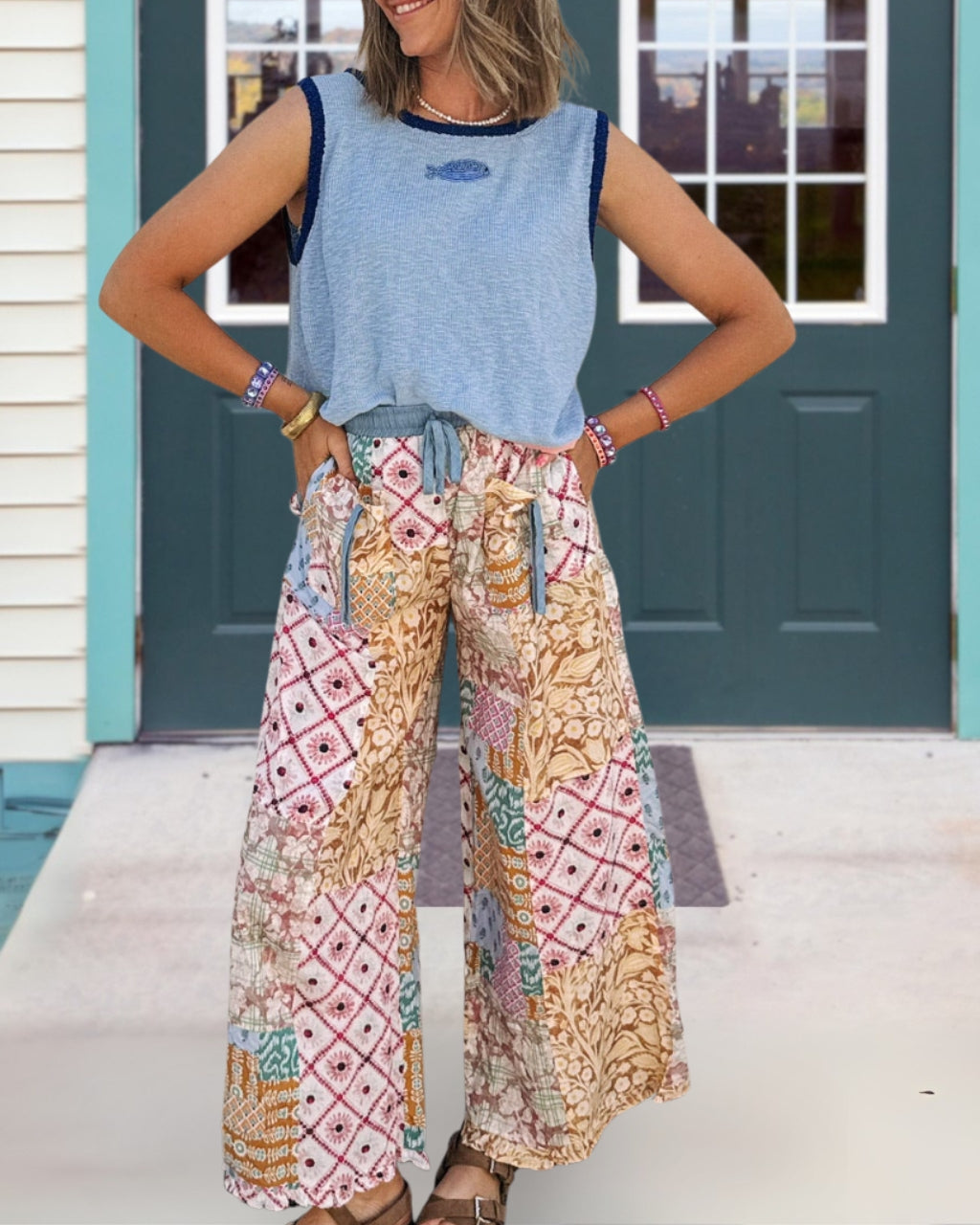 Mixed Floral Print Paneled Pants