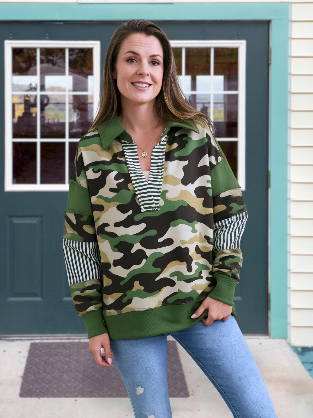 Camouflage Striped Color-Blocked Pullover