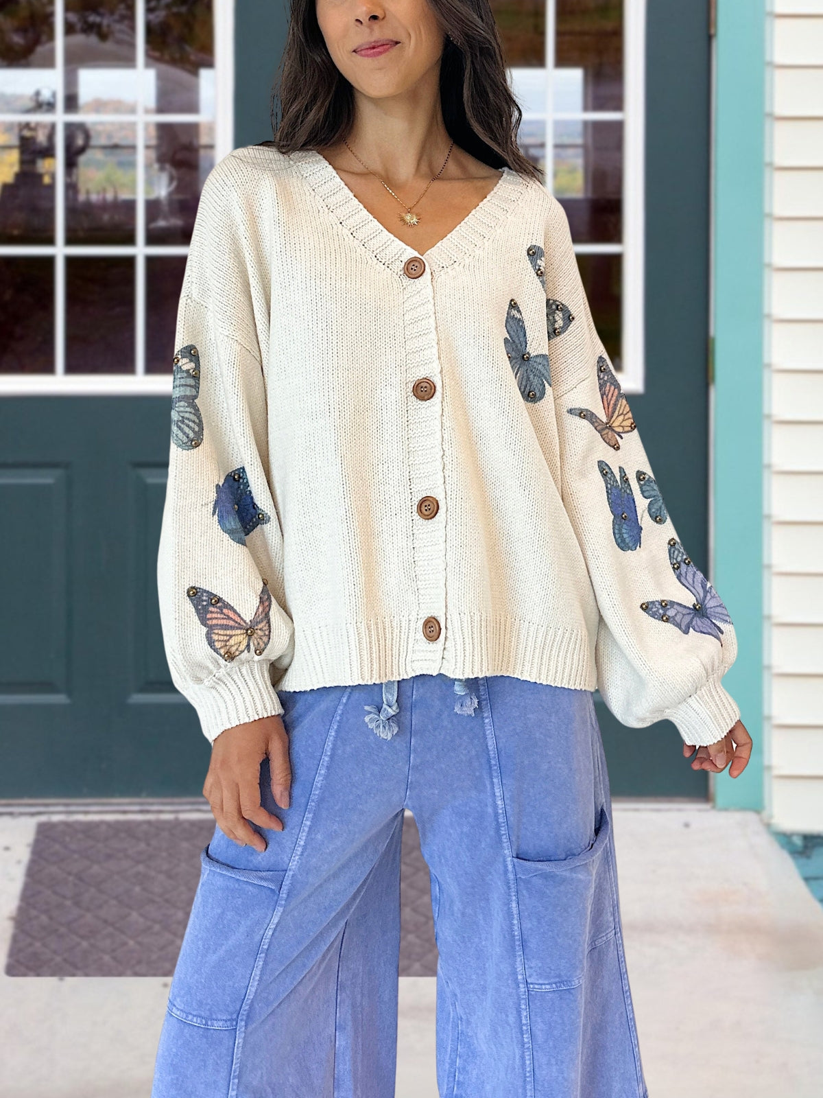 Butterfly Print Studded Cardigan