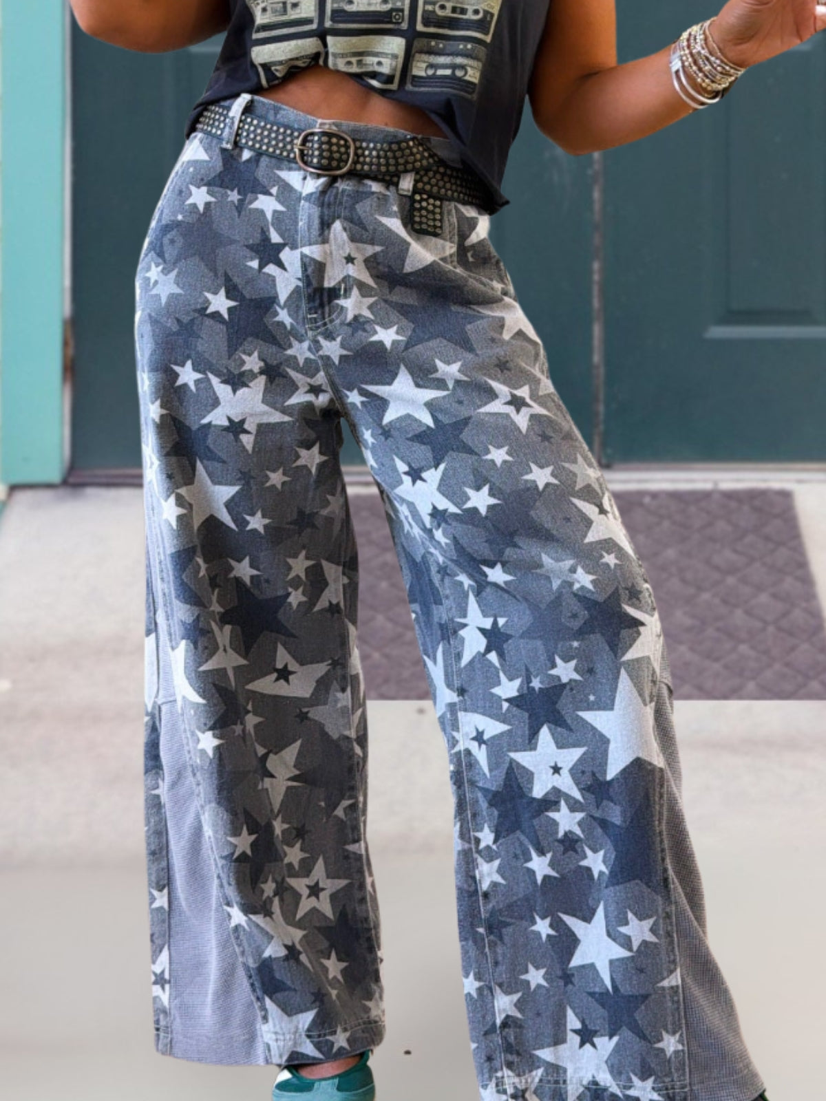 All-Over Star Print Wide Leg Jeans