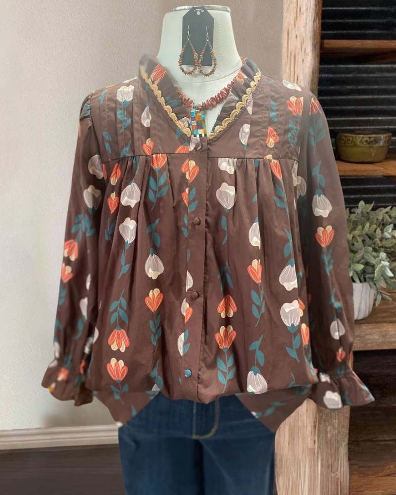 Floral Ruffle V-Neck Blouse