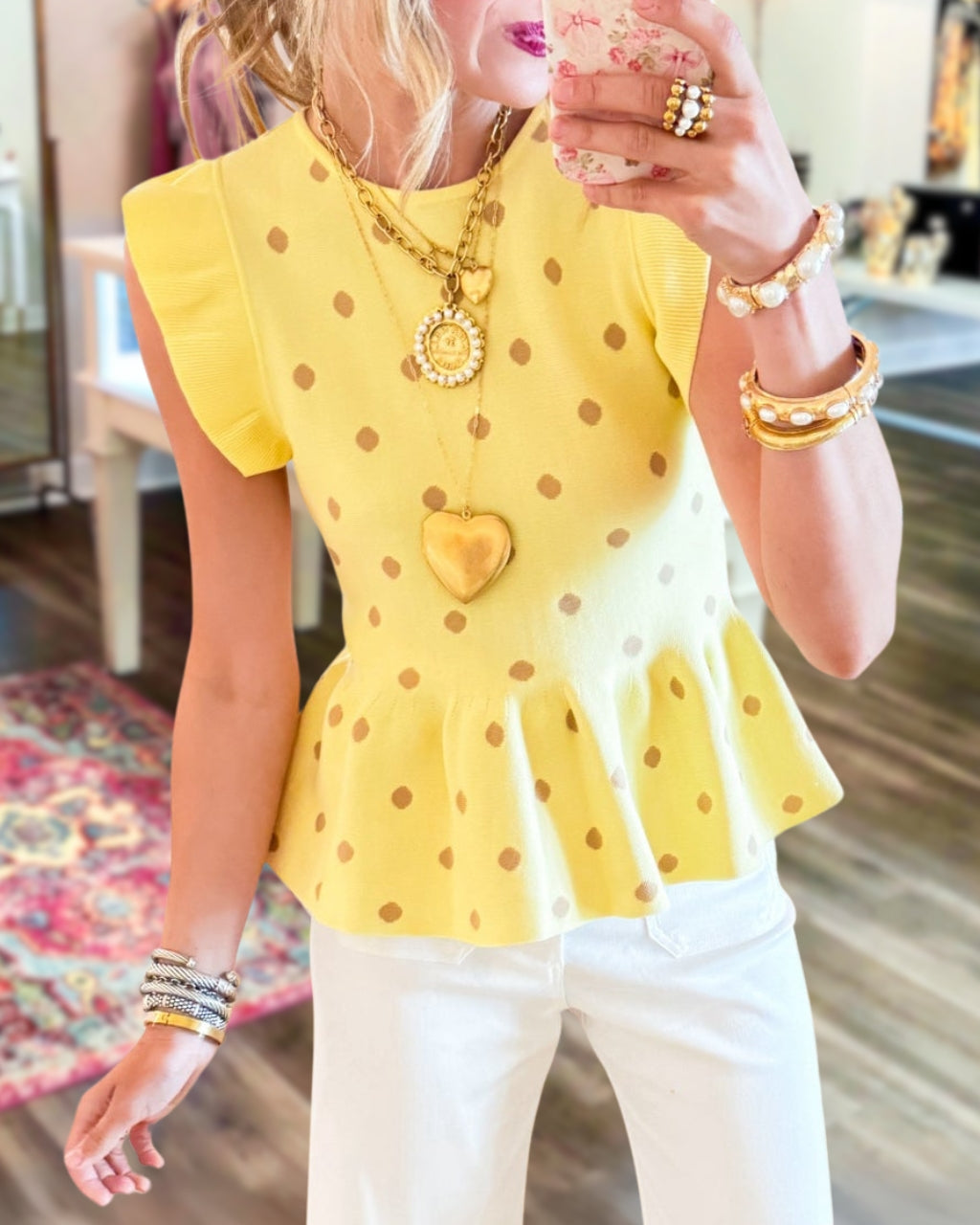 Polka-Dot Ribbed Trim Top
