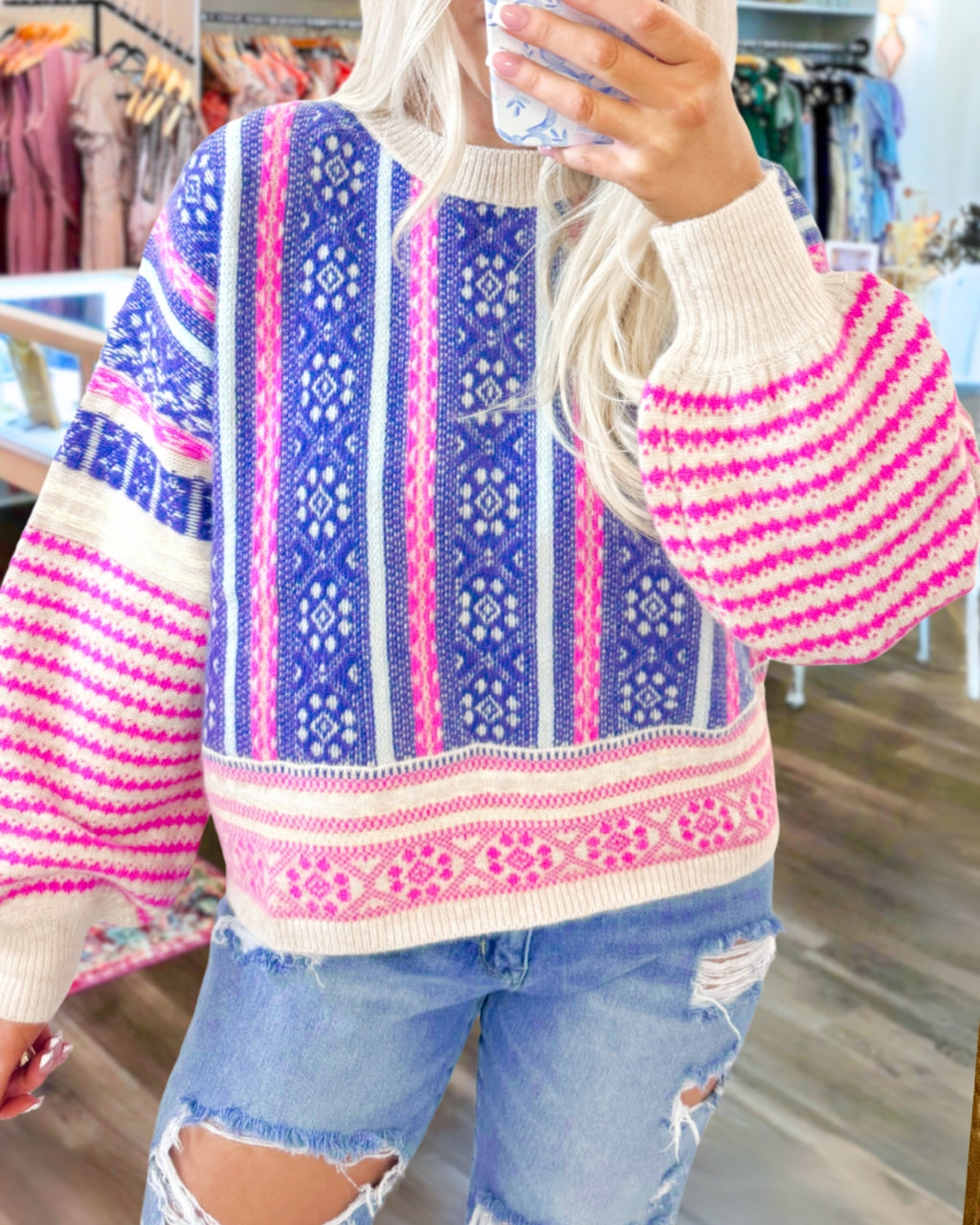 Bright Aztec Stripe Knit Sweatshirt