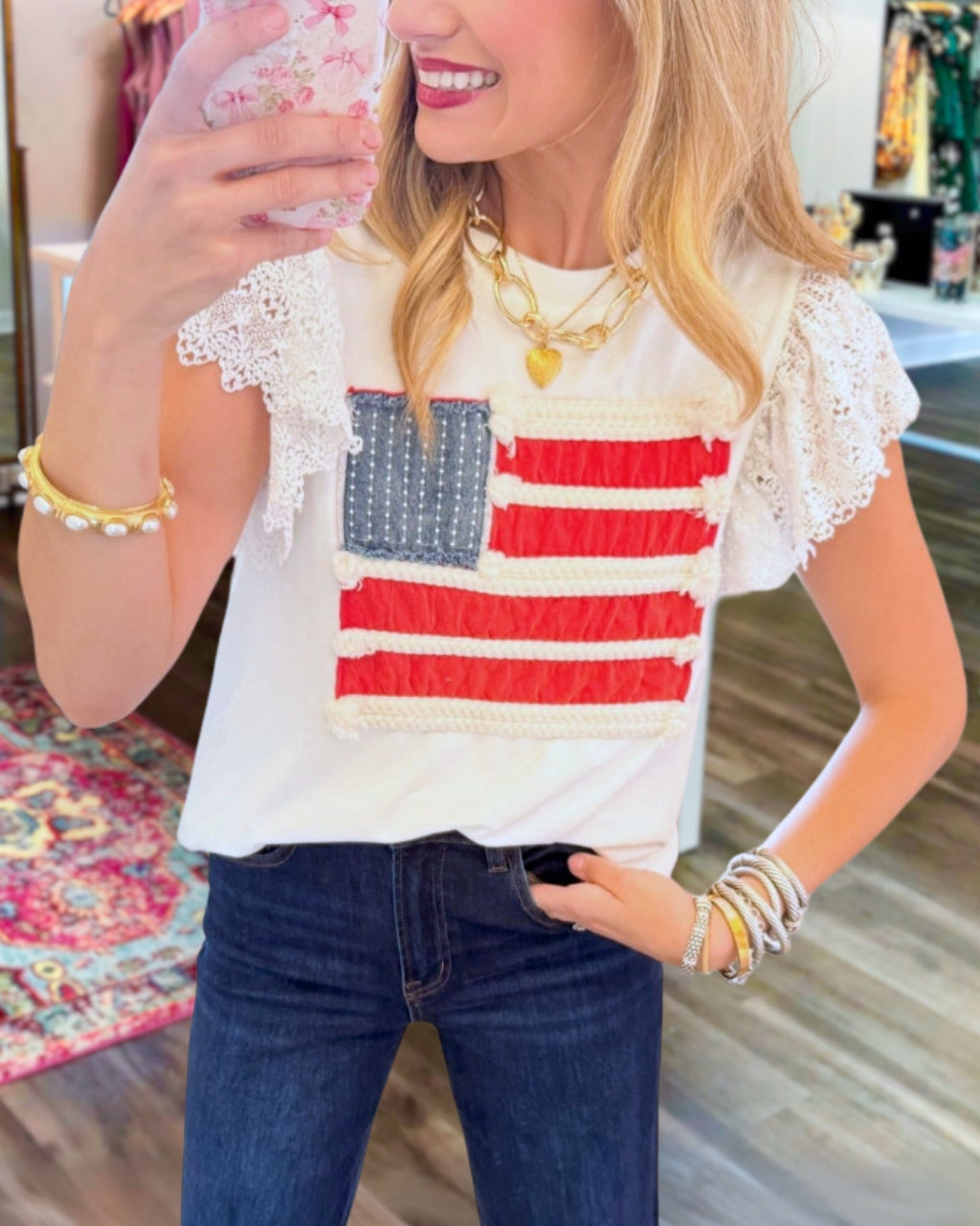 Flag Lace Patchwork T-shirt