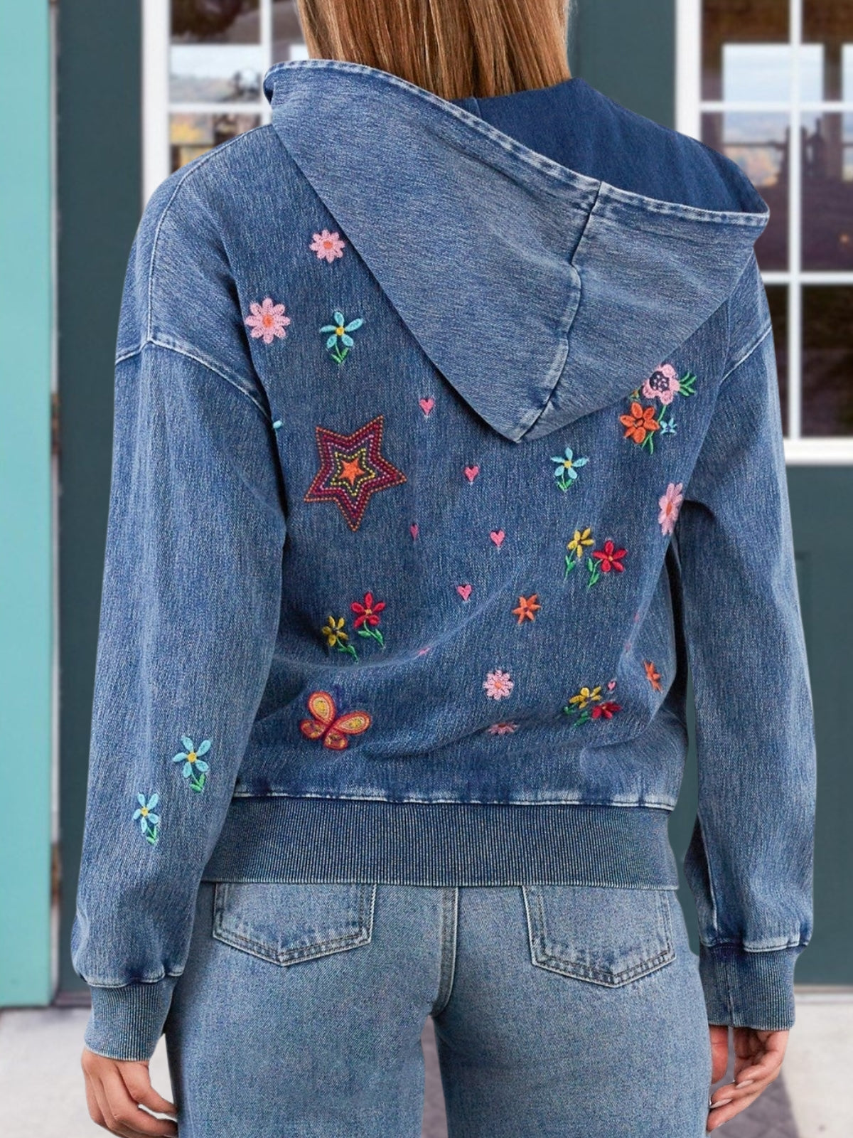 Colorful Floral Star Embroidered Denim Hoodie