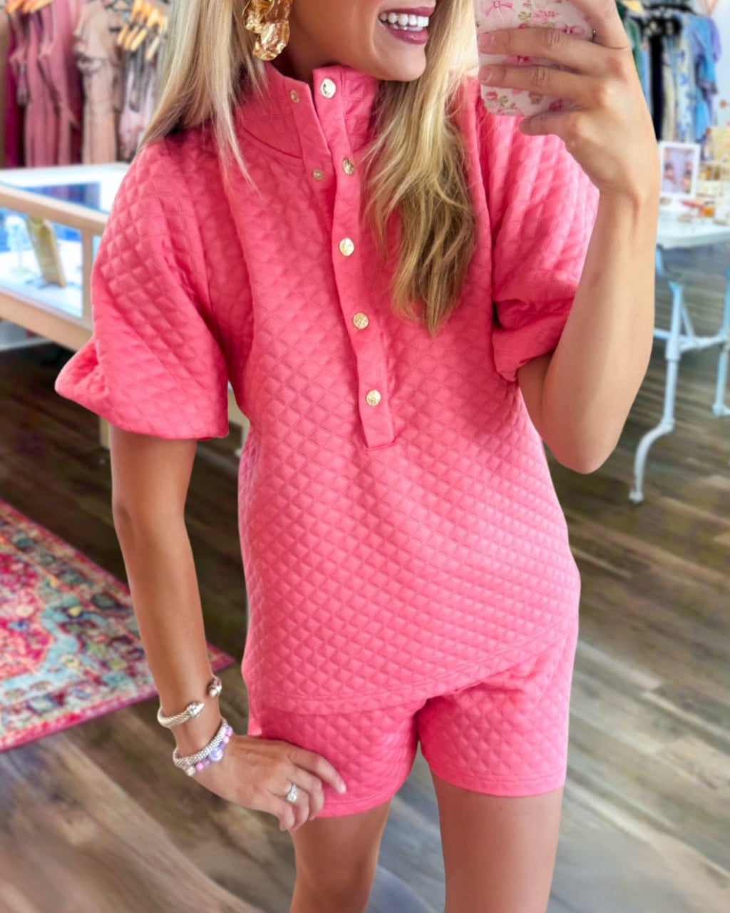 Half-button Quilted Shorts Set