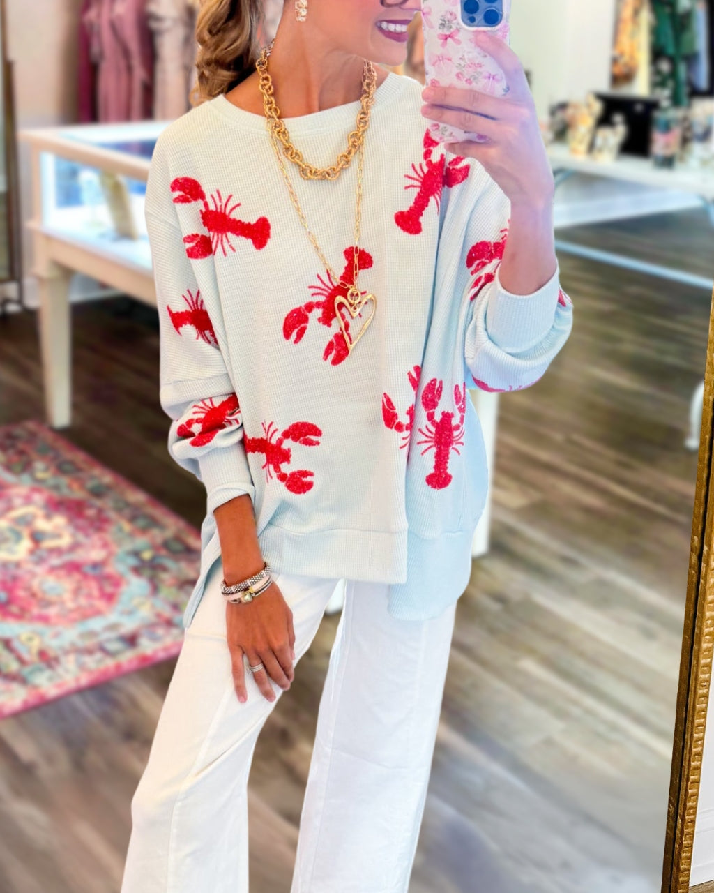 Ocean Glam Lobster Sequin Waffle Top