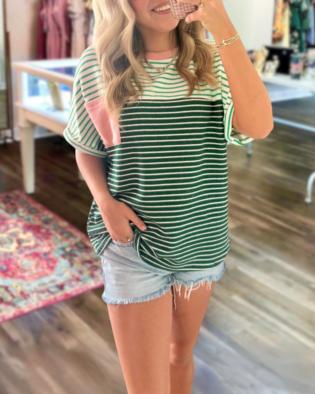 Color-block Striped Ribbed Trim Top