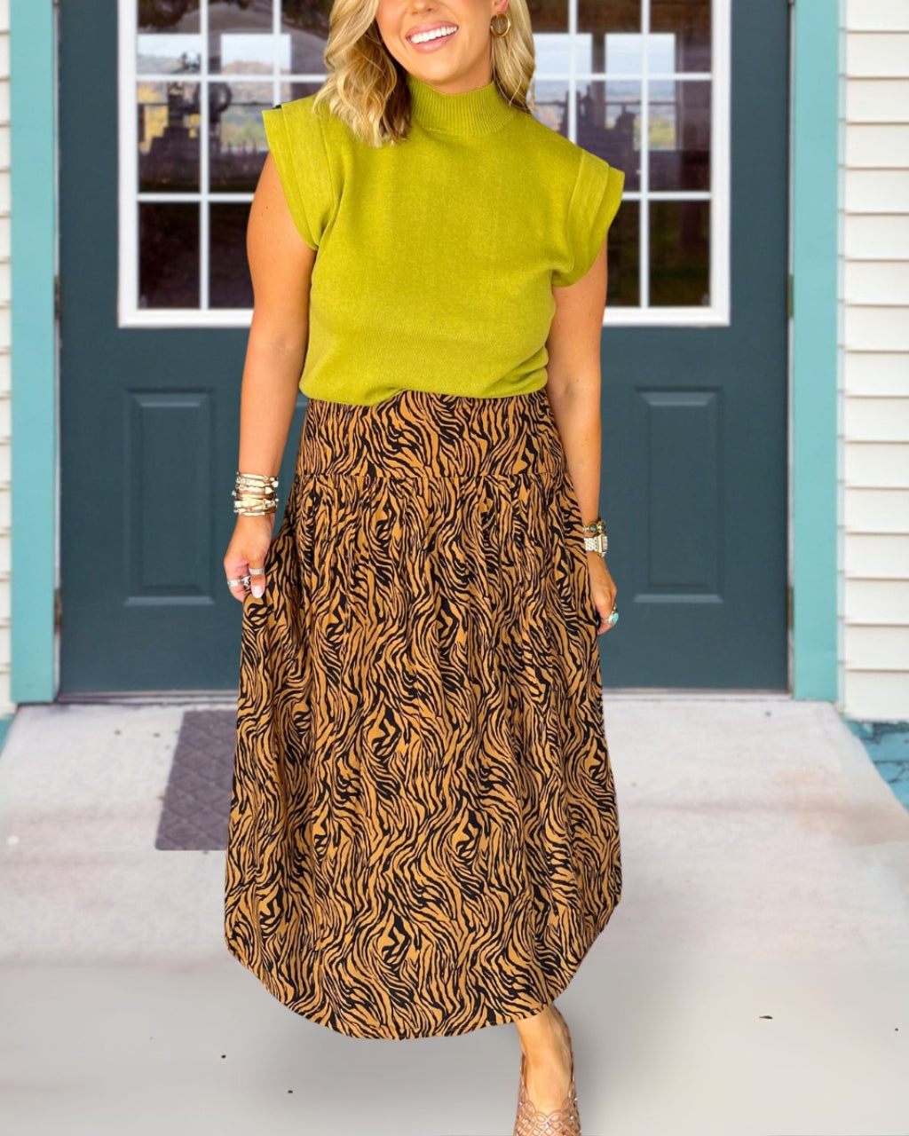 Satin Tiger Printed Flared Skirt