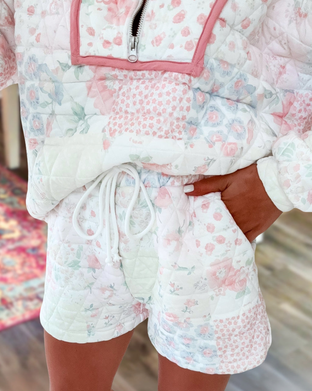 Floral Print Half-zip Quilted Set