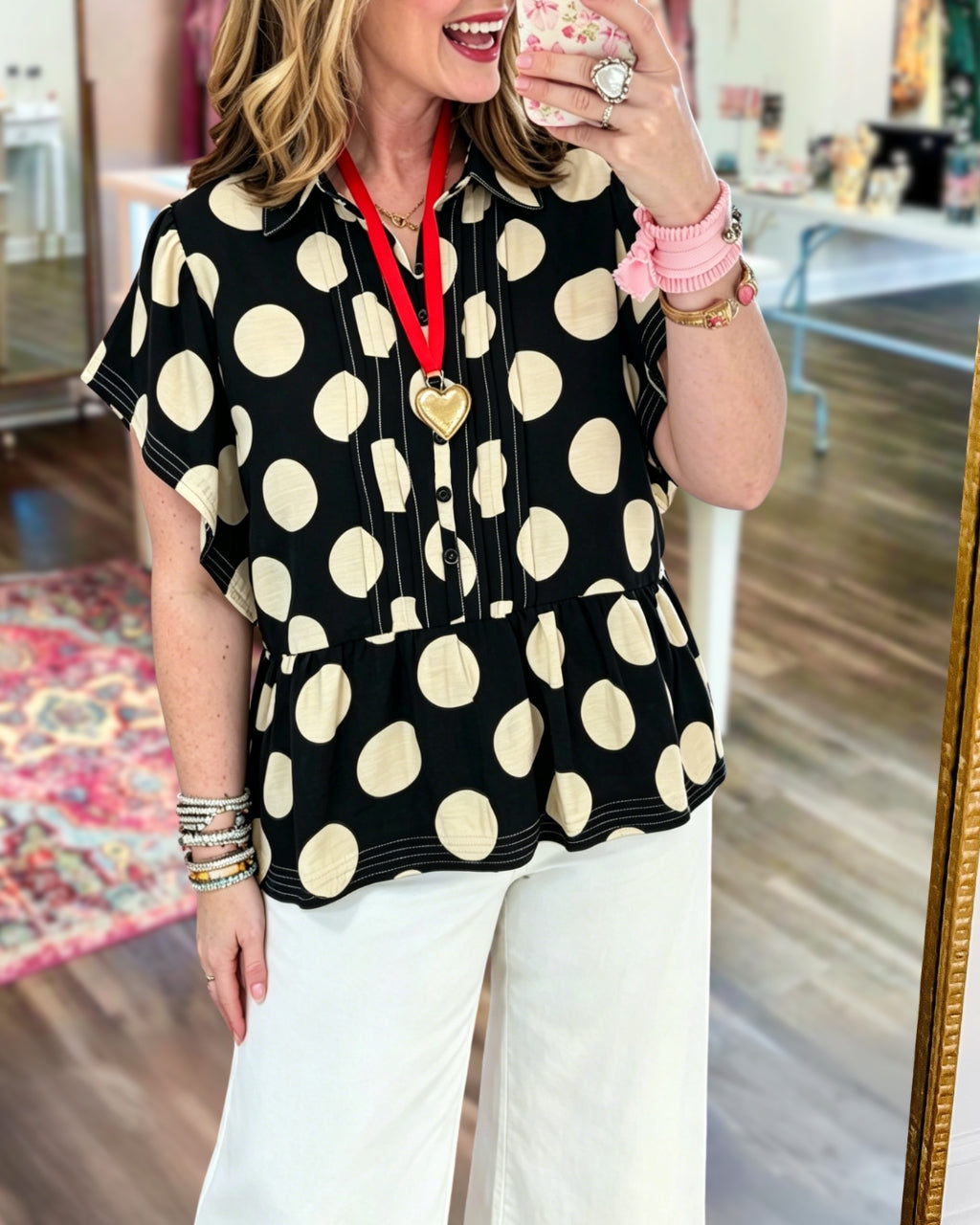 Chic Pleated Polka-Dot Top