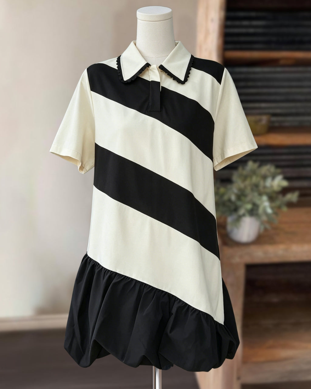 Diagonal Striped Ruffle Hem Dress