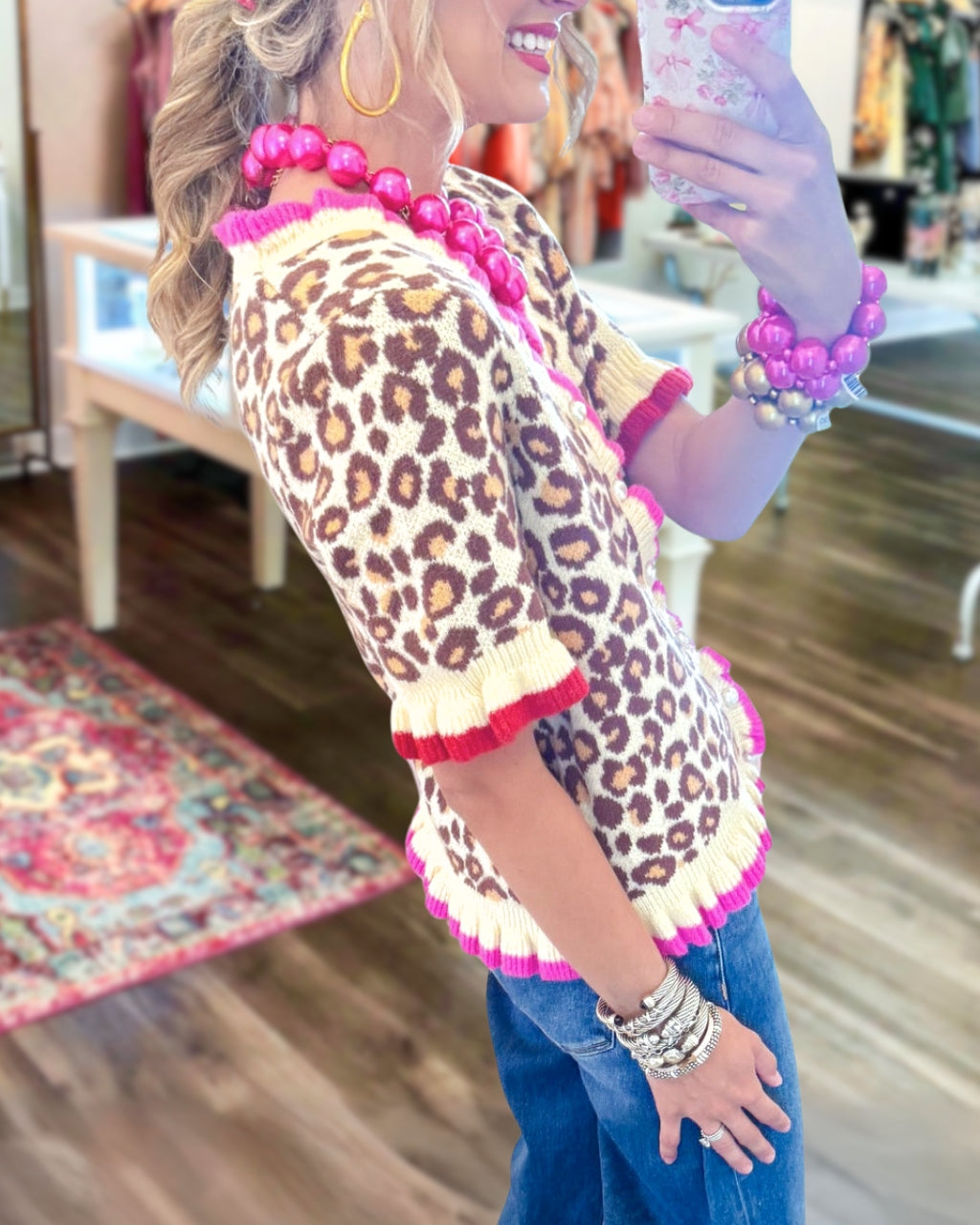 Chic Leopard Contrast Trim Cardigan