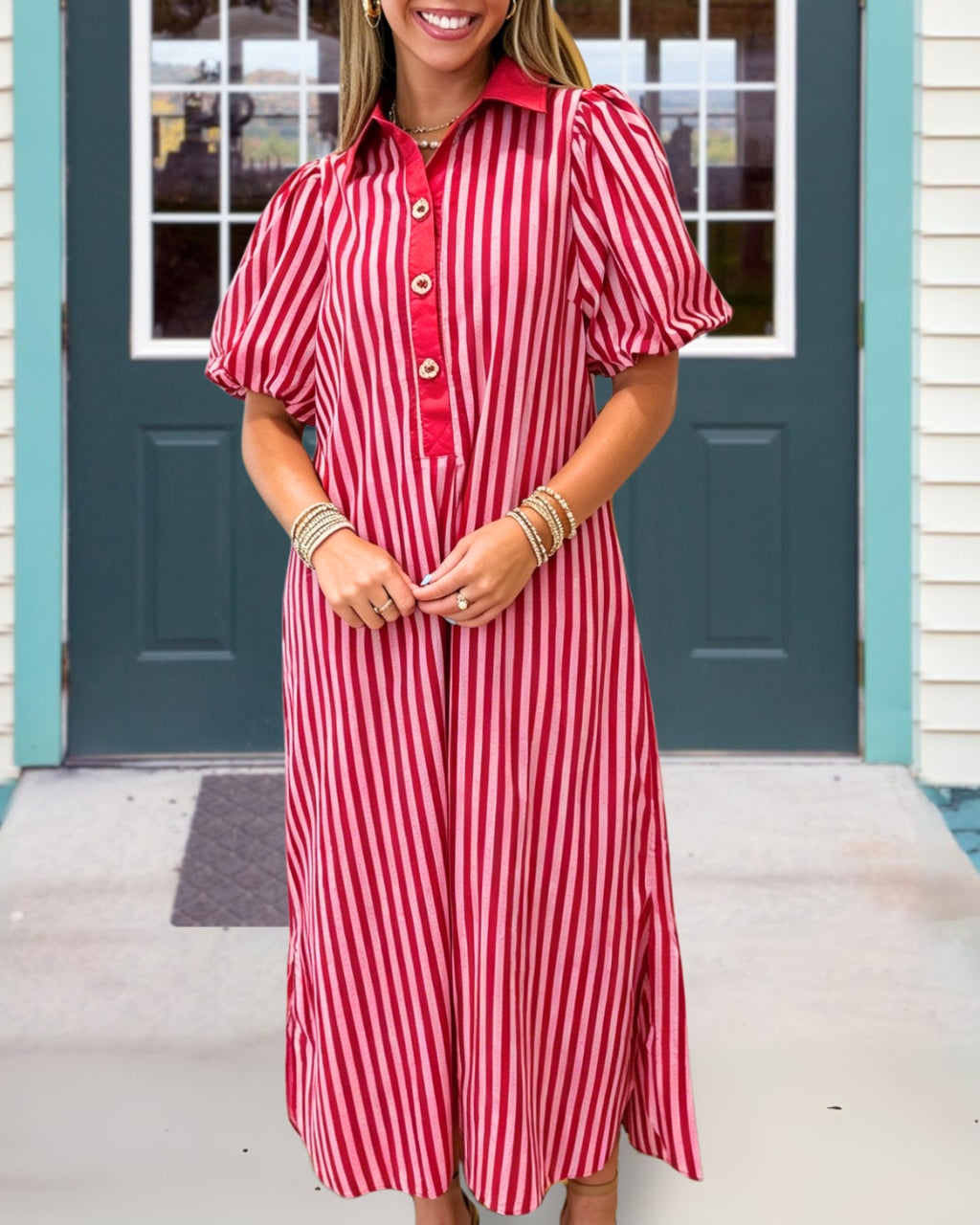 Stylish Puff Sleeves Striped Maxi Dress