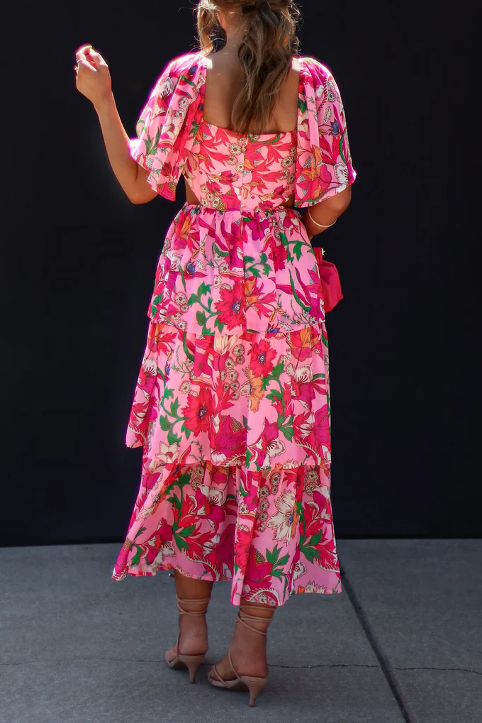Floral Tiered Cutout Midi Dress
