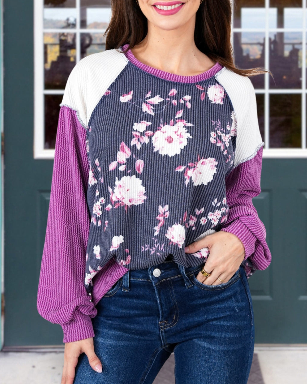 Twisted Ribbed Floral Pullover