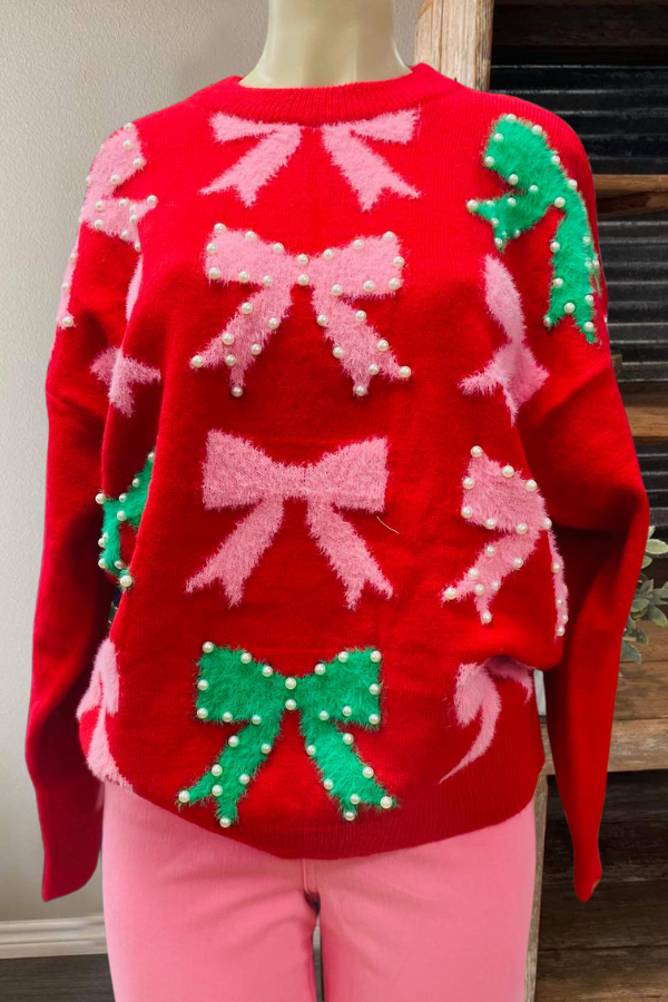 Christmas Pearl Bow Sweater