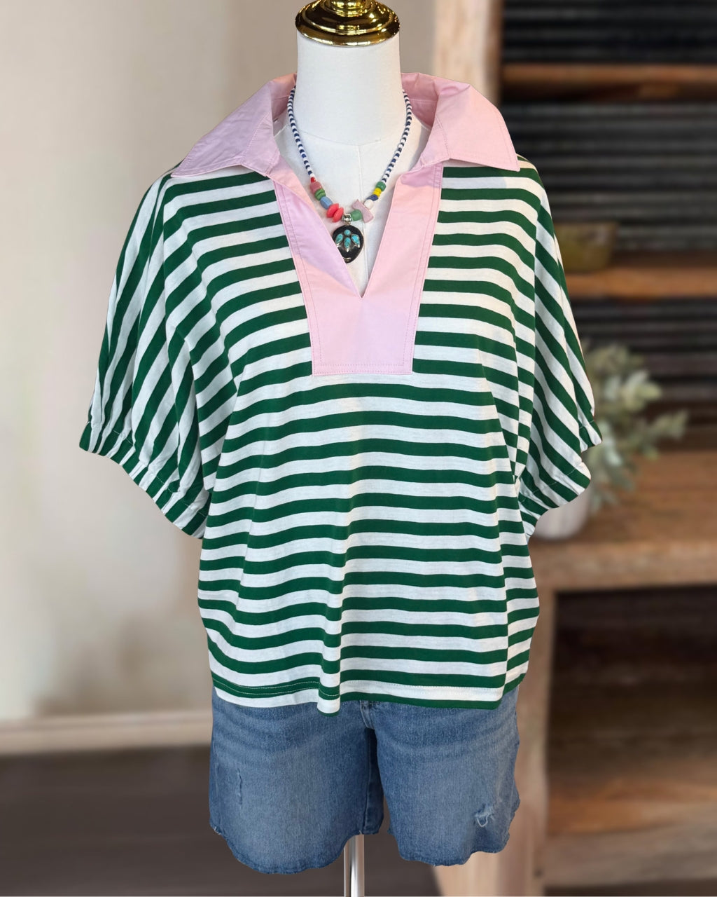 Contrasting V-neck Striped Top