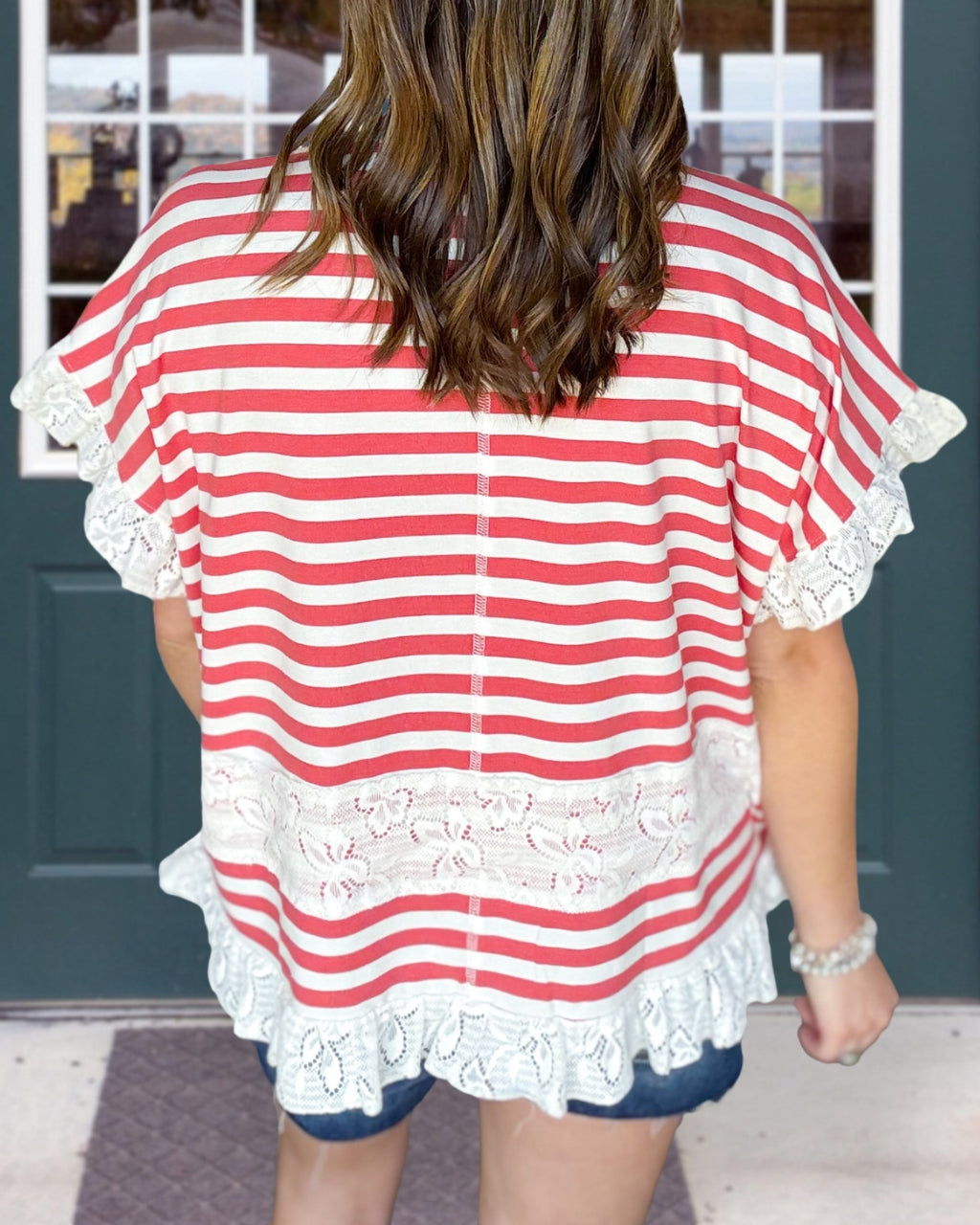 Delicate Lace-trimmed Striped Top