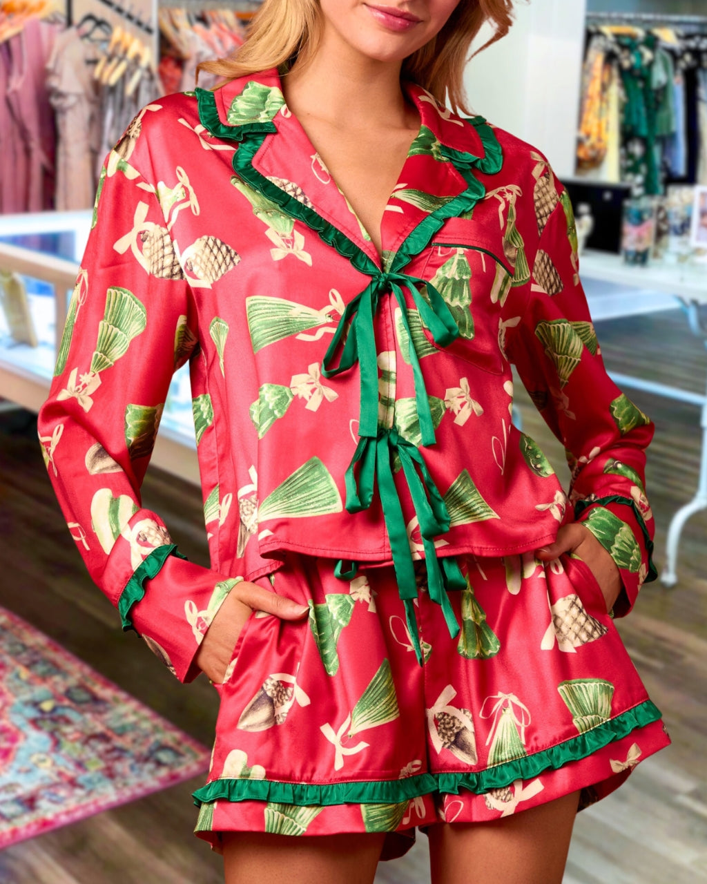 Ribbon Christmas Tree Satin Pajama Set