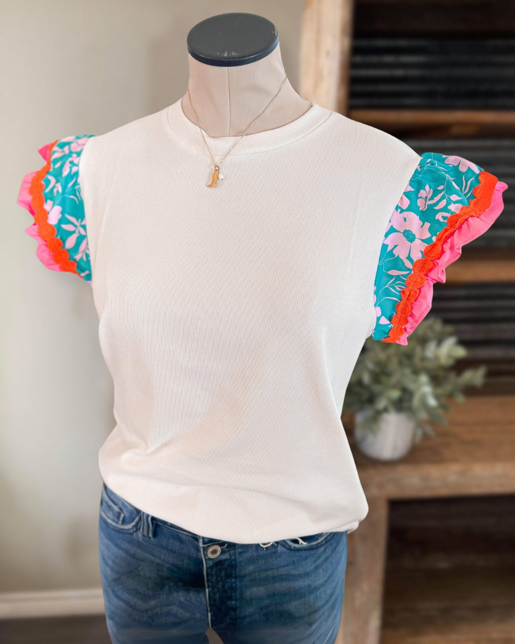 Summer Floral Patchwork Ribbed Top