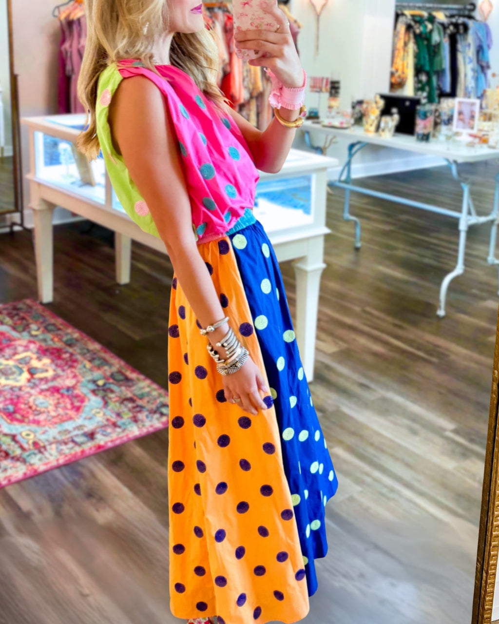 Color-block Polka Dot Poplin Skirt