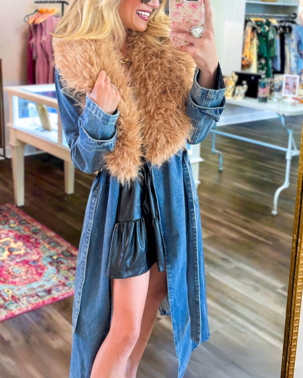 Chic Fur Collar Denim Trench Coat