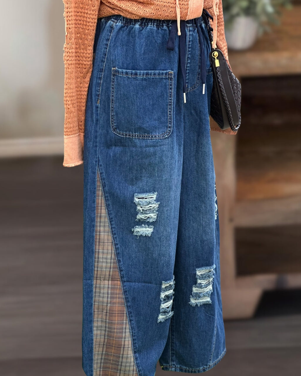 Ripped Plaid-Paneled Jeans