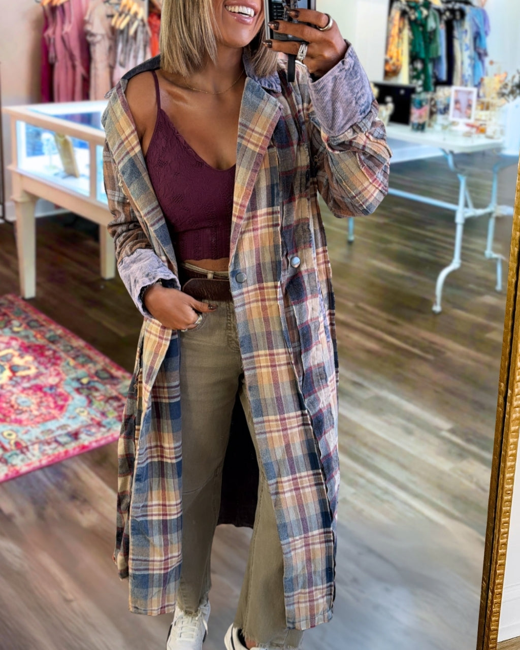 Plaid Patchwork Washed Maxi Coat
