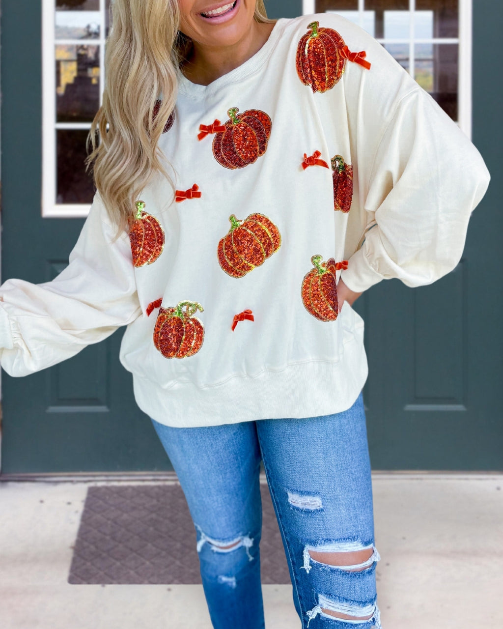 Pumpkin Sequins Embroidered Oversized Sweatshirt