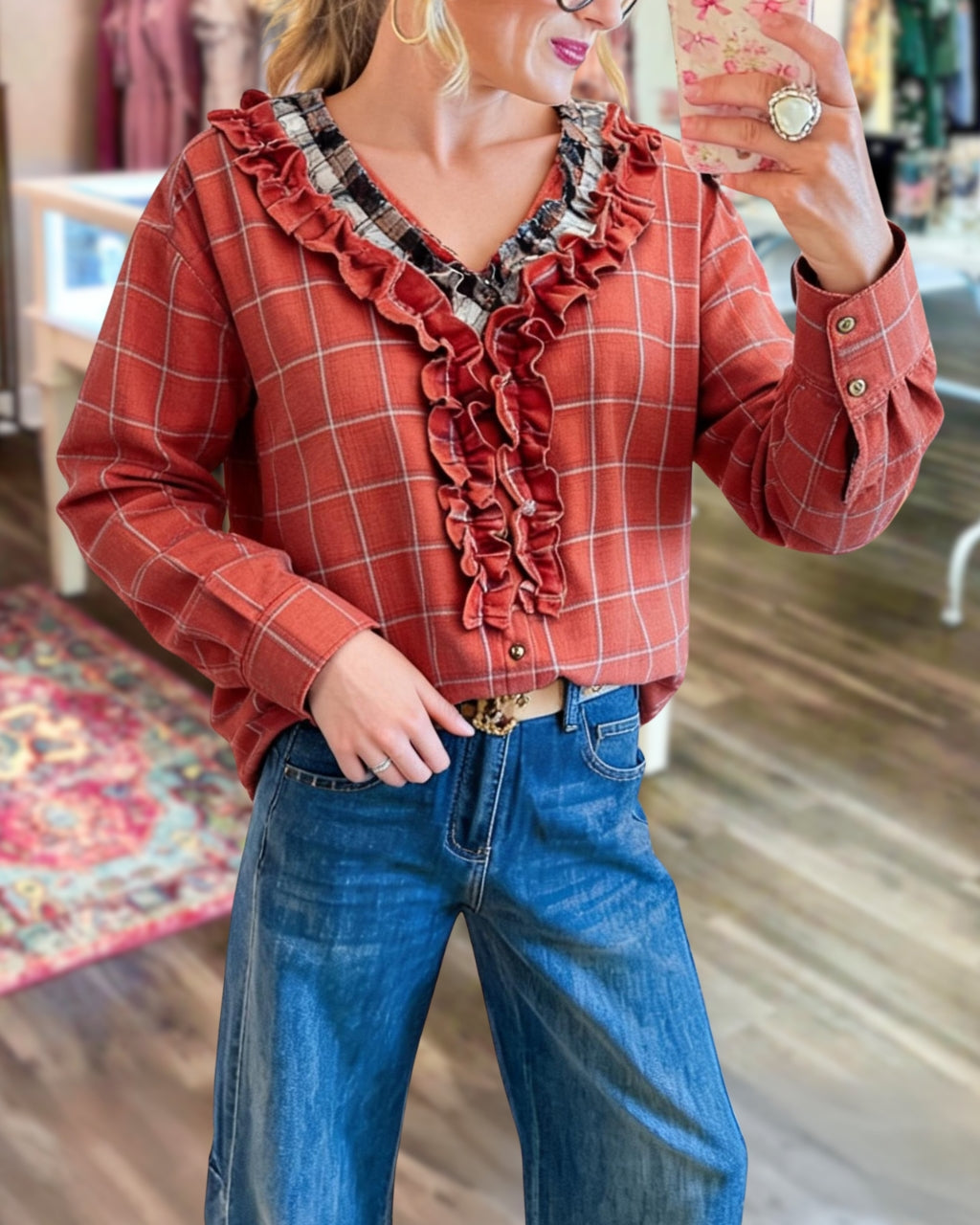 Double Ruffle Plaid Top