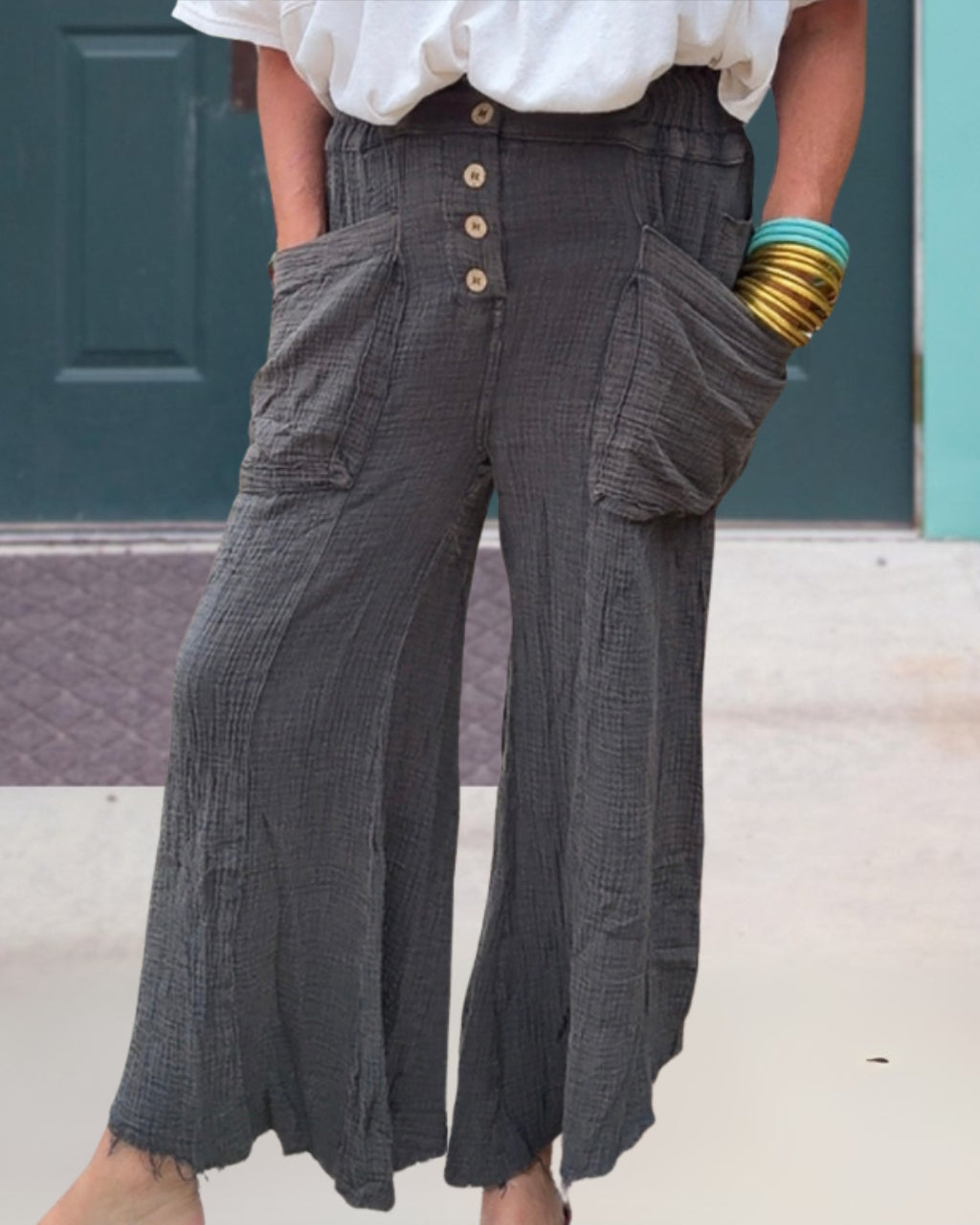 Cotton Crepe Frayed Hem Pants