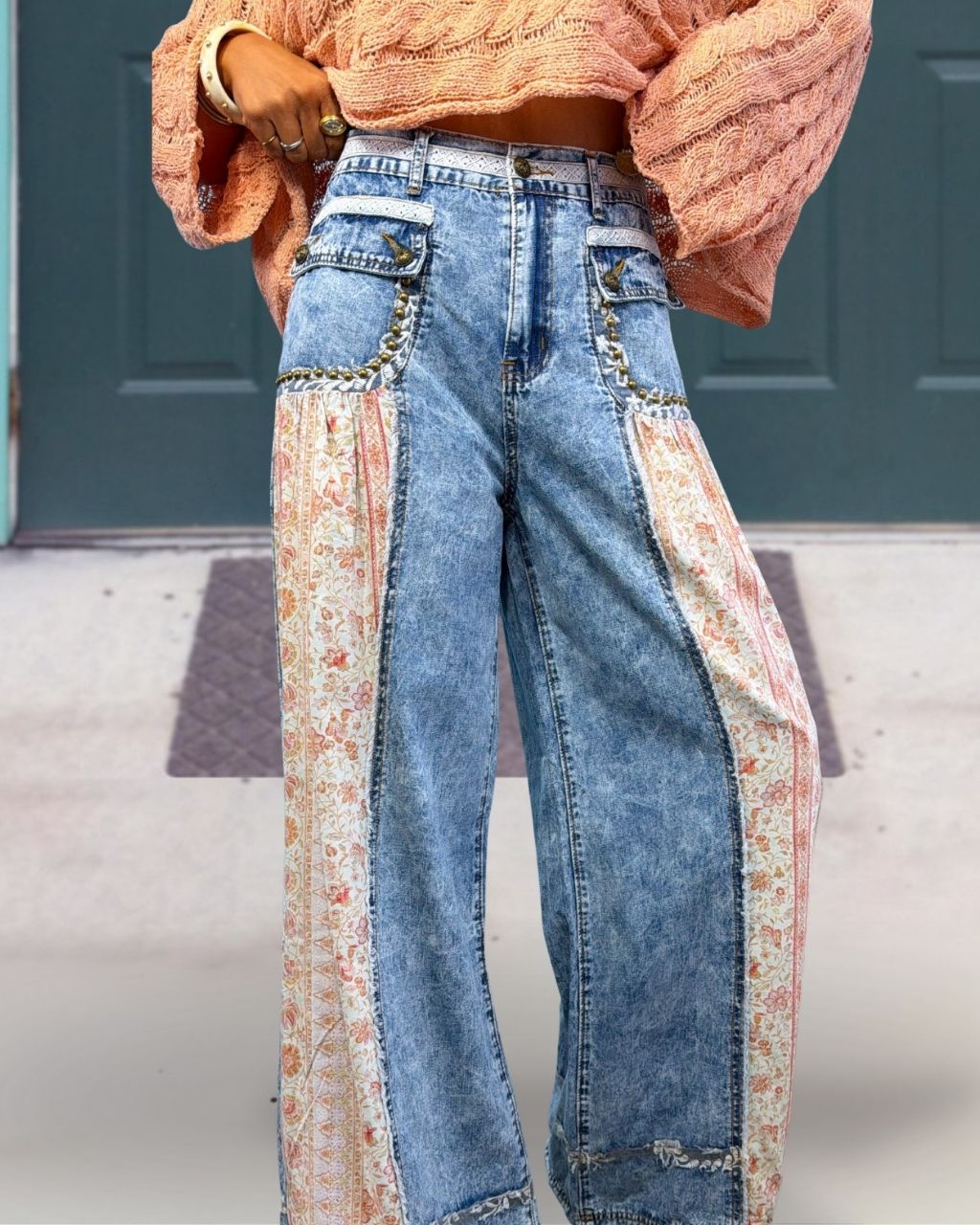 Floral Patchwork Wide-Leg Denim Pants
