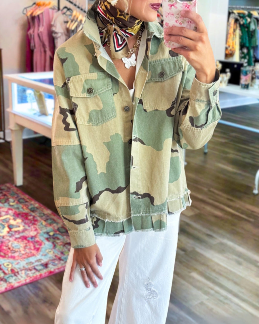 Trendy Camo Ruffle Hem Jacket