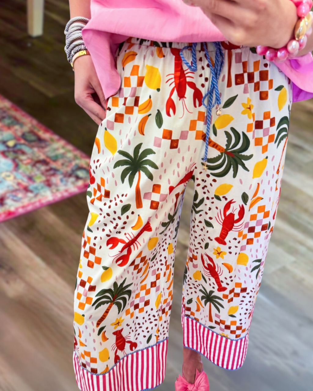 Tropical Lobster Satin Trousers
