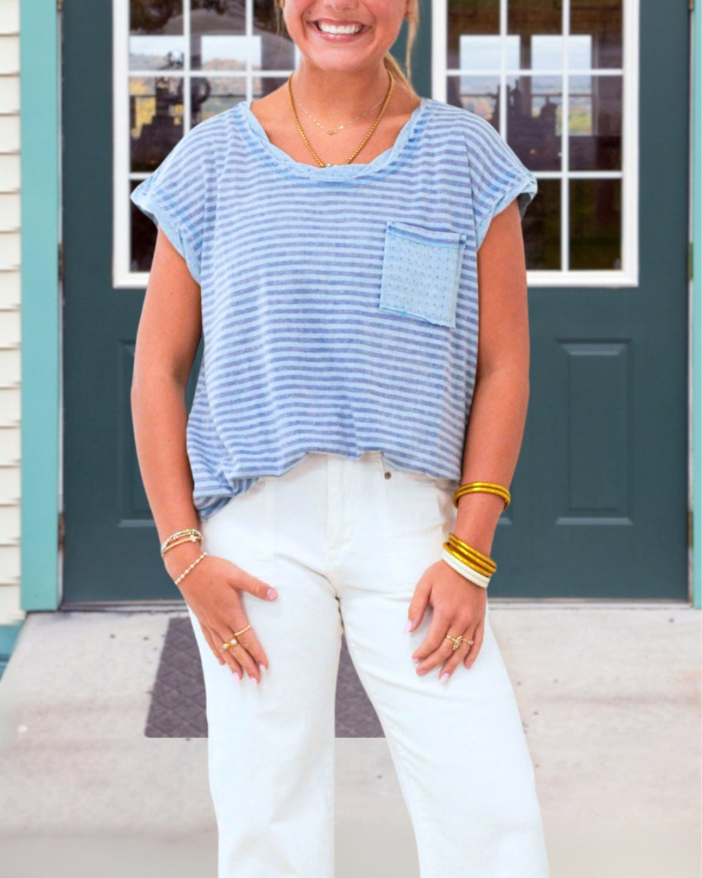 Stripe & Dot Detail Pocket Top