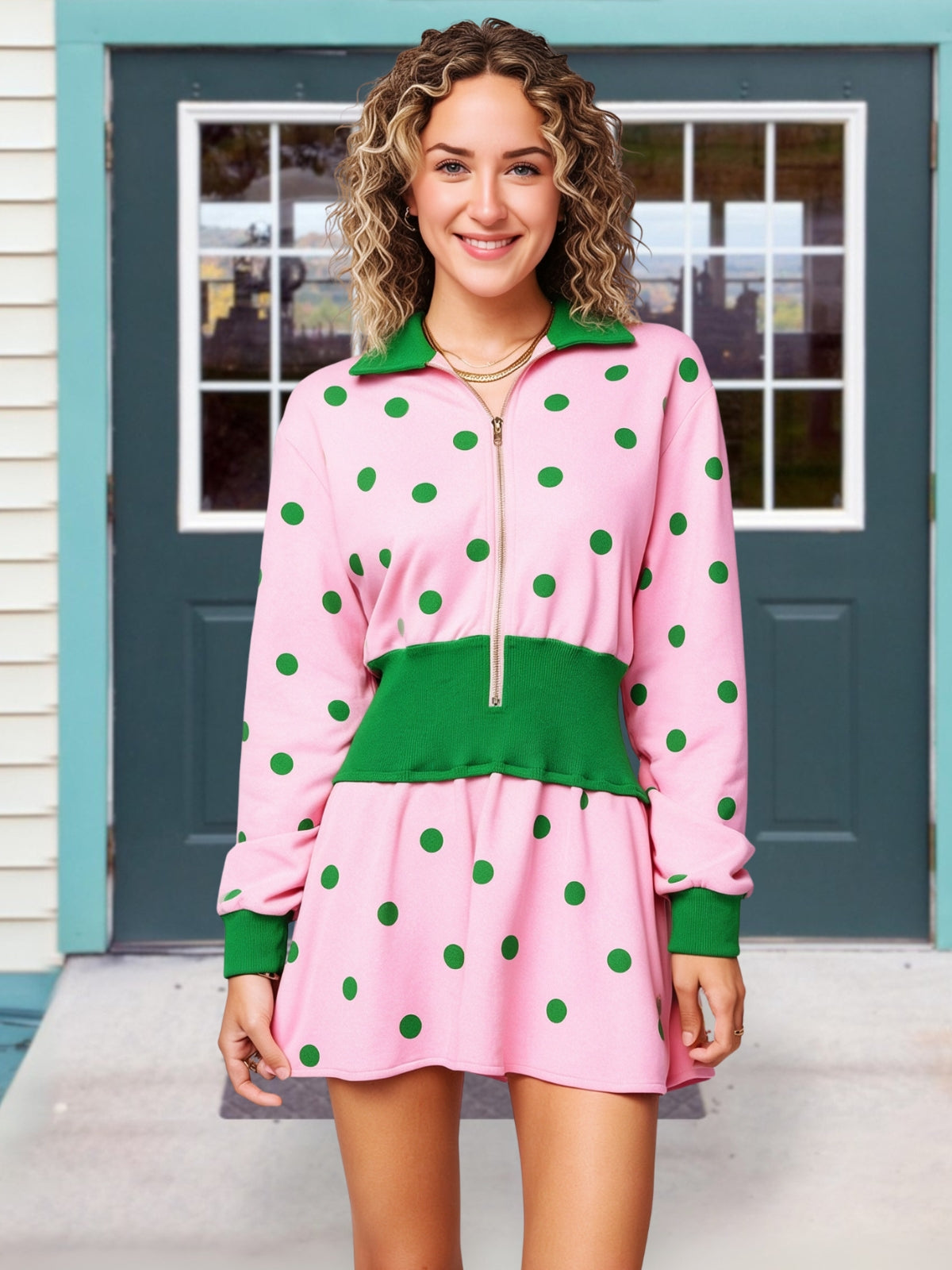 Stylish Polka-Dot Color-Block Collared Dress