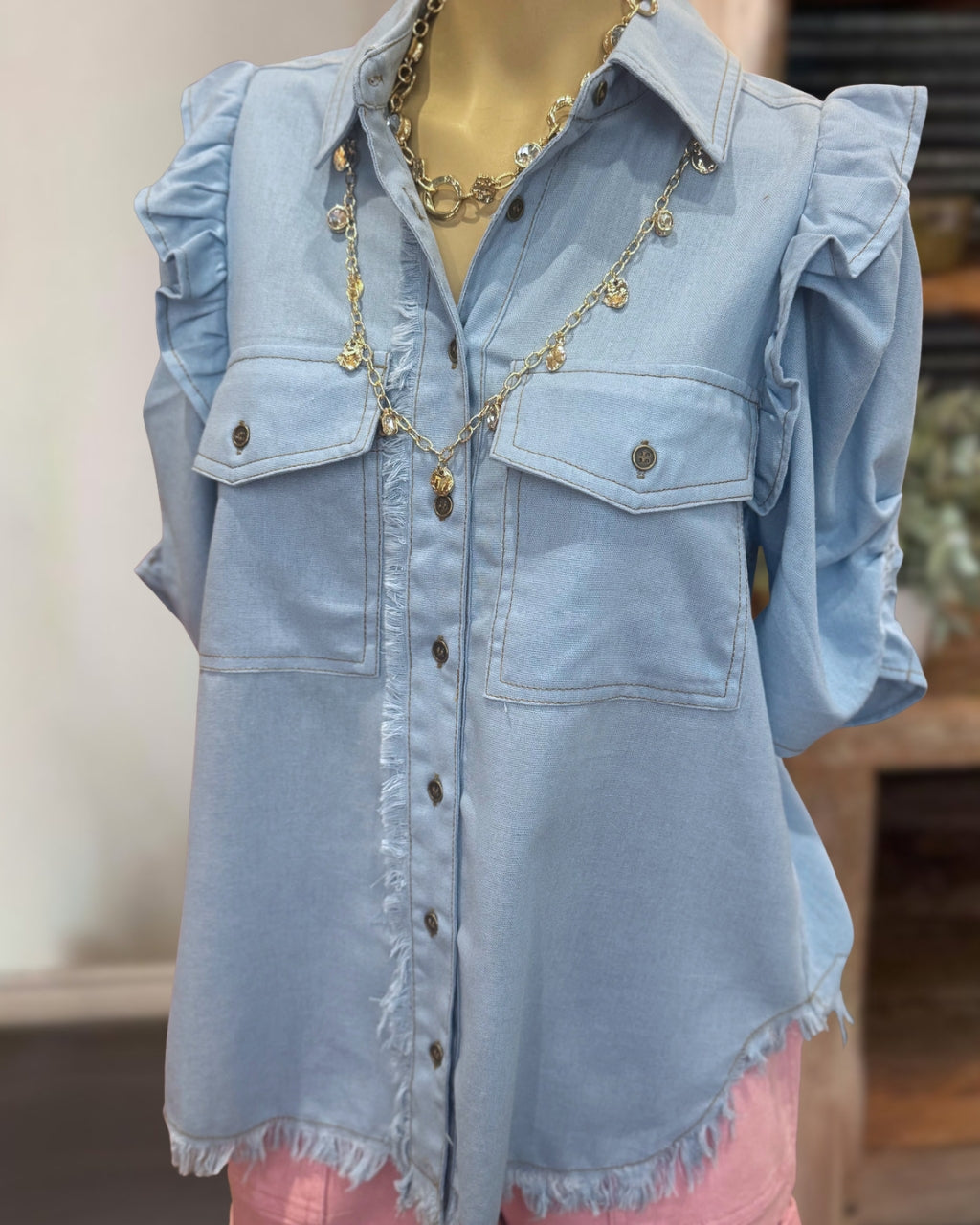 Chic Raw-Edge Denim Shirt