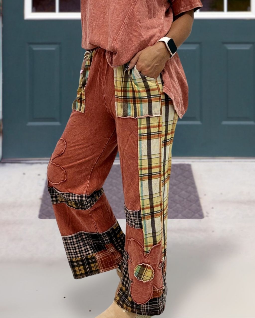 Checkered Floral Embroidered Patch Pants