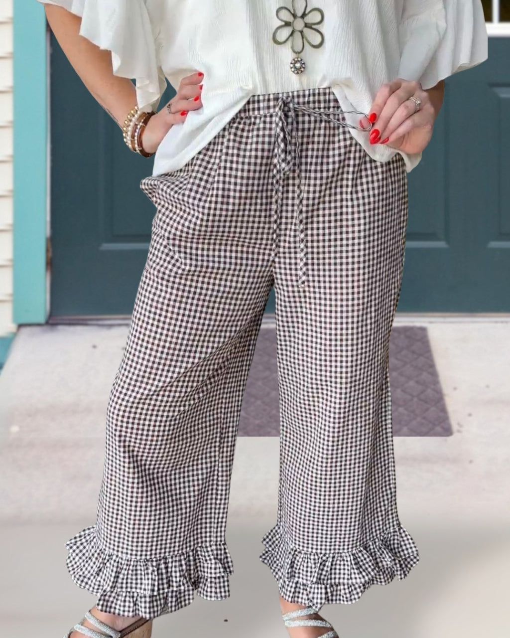 Ruffled Hem Plaid Pants