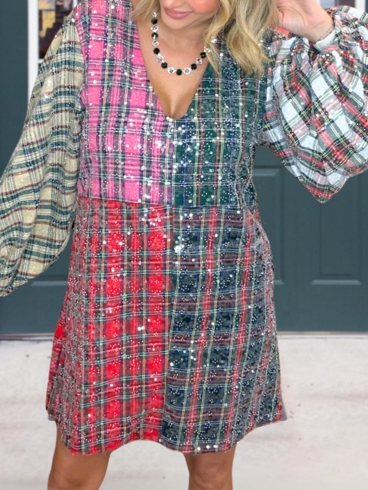 Multicolor Patchwork Plaid Sequin Dress