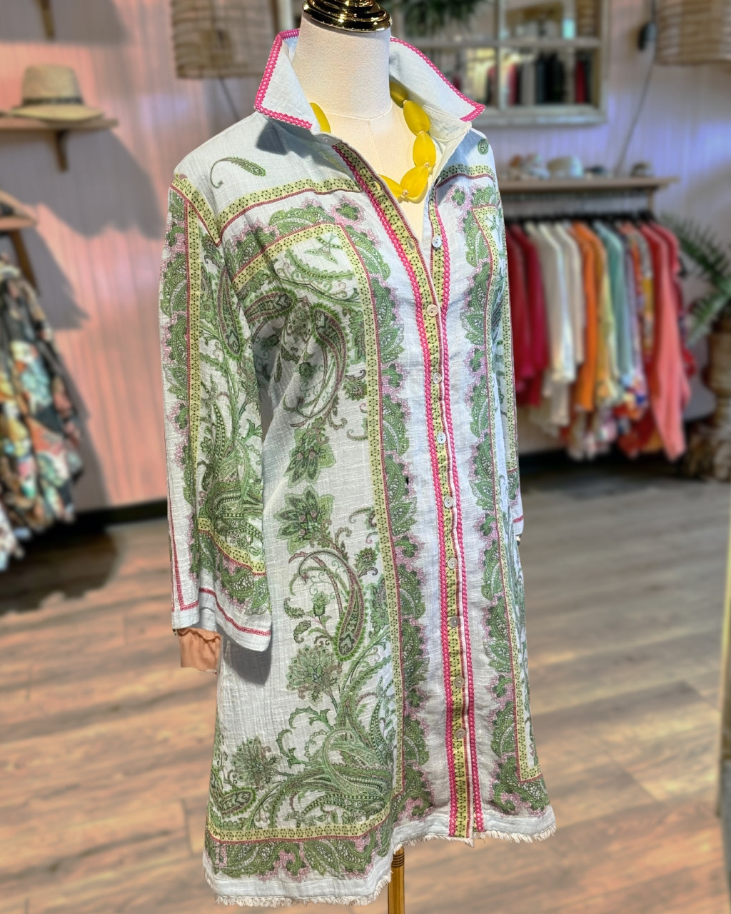 Paisley Pattern Linen Shirt Dress